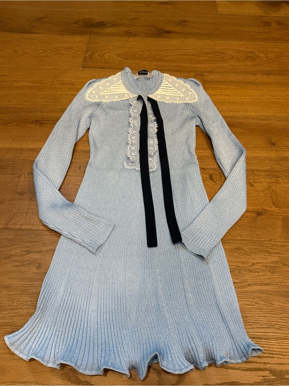 Self Portrait Light Blue Lace-Collar Knit Dress with Black Tie